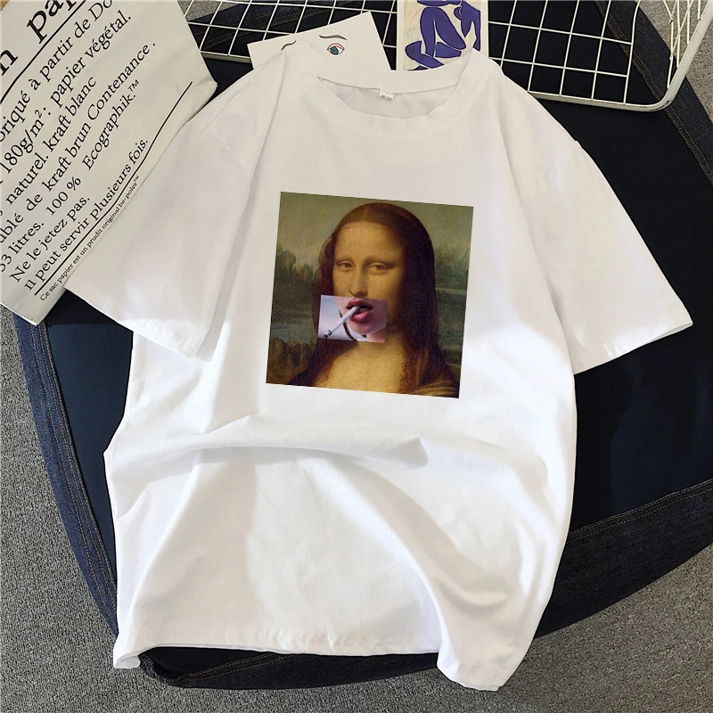 

2021 Women T-Shirts Mona Lisa Painting High Quality Artistic Oil Oversized T Shirt Fashion Harajuku Aesthetic Ulzzang Korean Tee