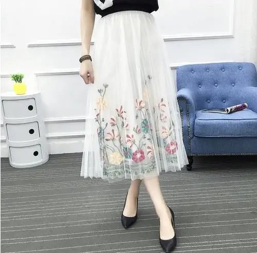 2019 весенние летние резинка на талии Цветочная вышивальная сетка миди юбка