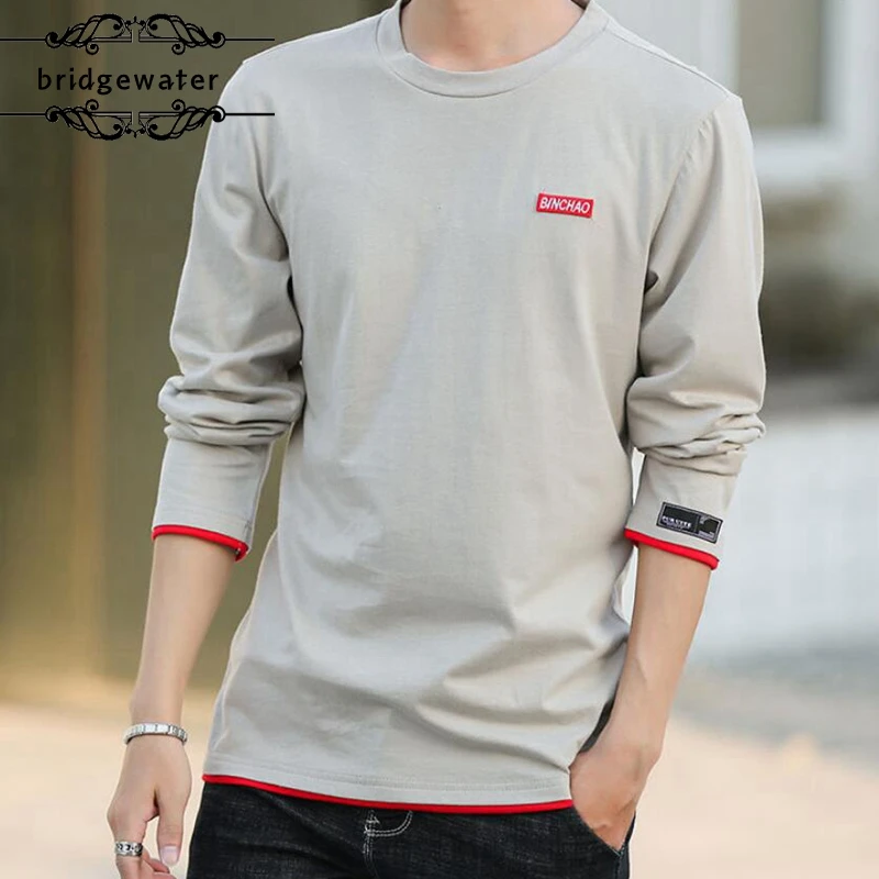 

Bridgewater Spring Autumn Men's T-shirts New Stylish Long Sleeve Loose Round Neck Solid Color Youth Thin Shirt