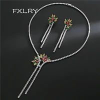fxlry hot sale luxury fashion cubic zirconia flower tassel choker necklace earring for women bridal jewelry set