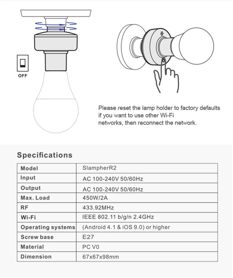 

SONOFF SlampherR2: 433MHz RF&WiFi E27 Wireless Lamp Holde Smart Lamp Holder Work With Mazon Alexa Google Home/Nest