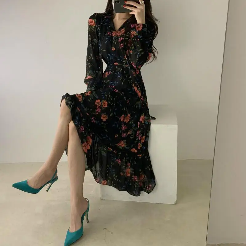 

Lace Chiffon Long Sleeve Floral Ruffle Dress Women Elegant Vintage Ladies Dresses Korean Woman Dress Vestidos Robe Femme 2020