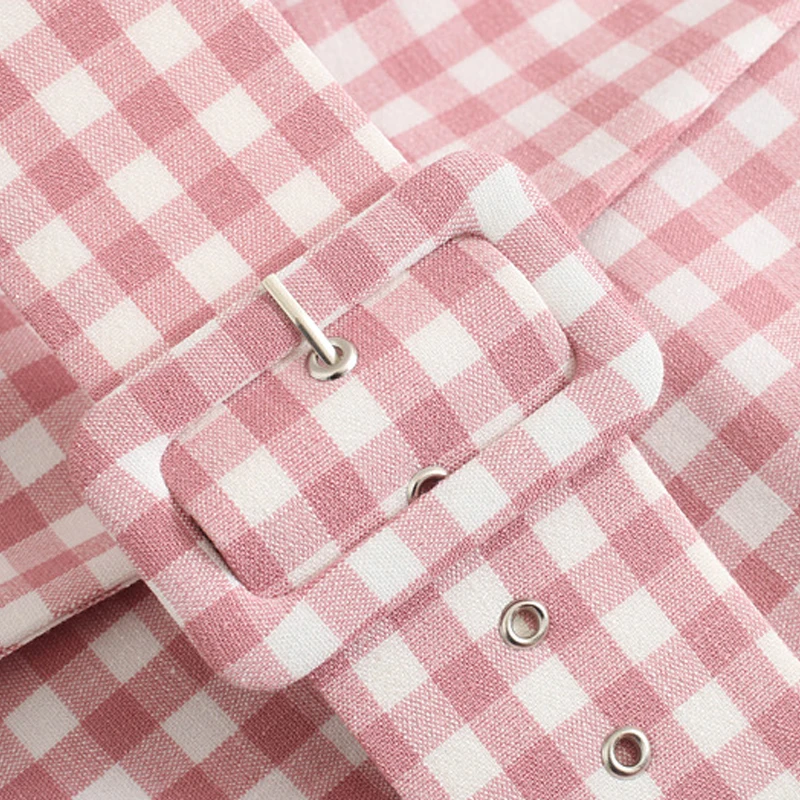 Женский винтажный офисный костюм из двух предметов розовый клетчатый брючный с