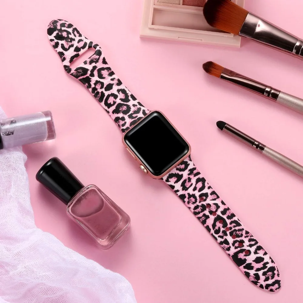 Ленты с цветами для Apple Watch 38 мм 40 мм 42 мм 44 мм, леопардовые силиконовые Печатные Сменные браслеты для iWatch серии 5 4 3 2