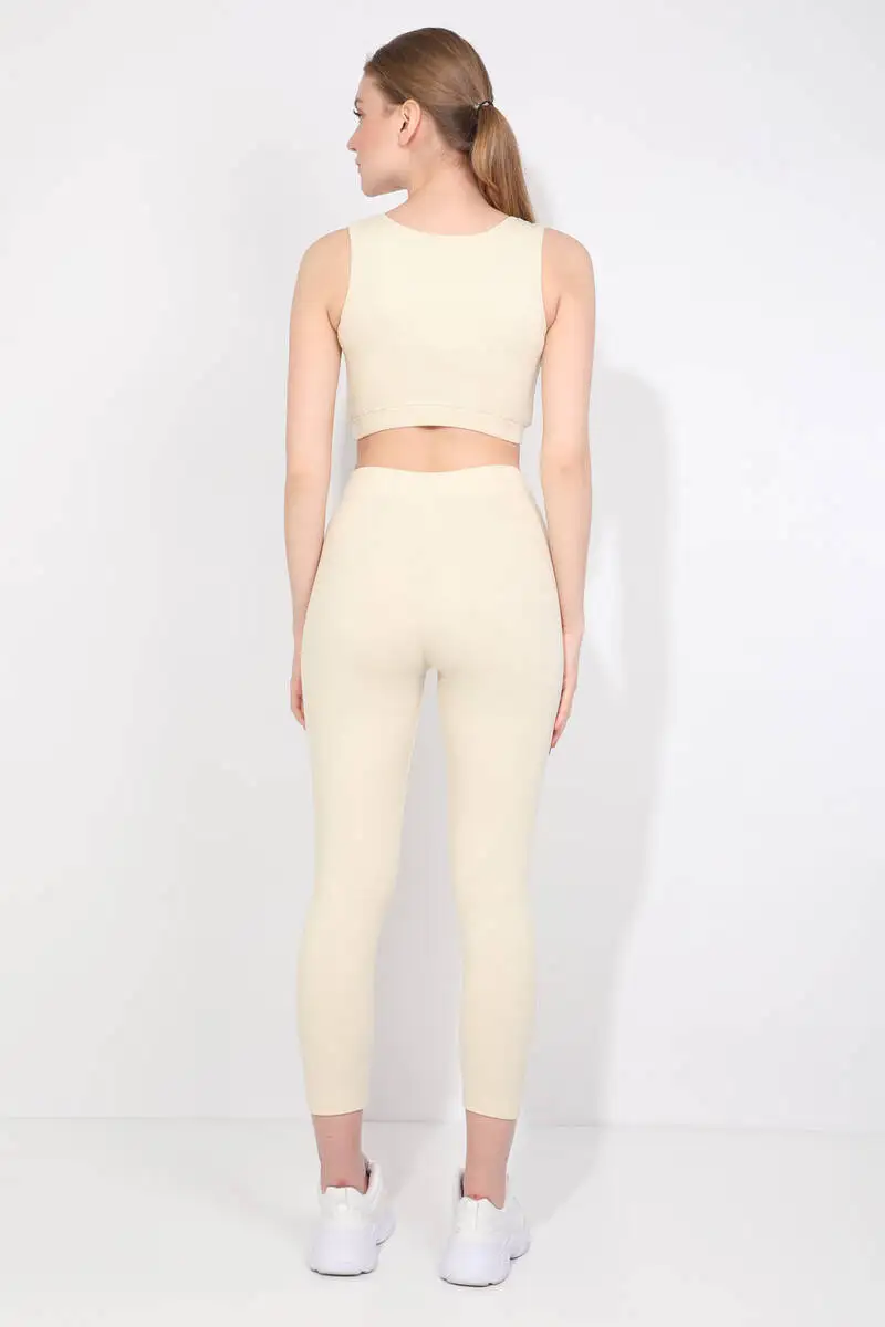 Womens Light Yellow Ribbed Sports Tights Set