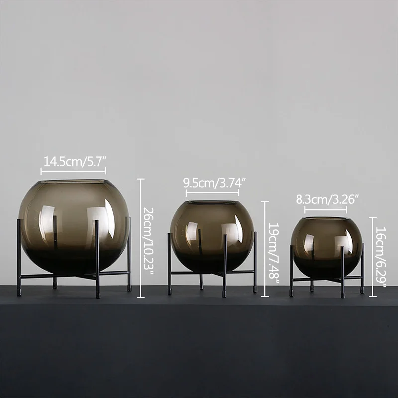 

Nordic Grey Glass Flower Vase Metal Base Round Ball Art Vase Living Room Desk Decoration Art Vase Wedding Decor Ornament