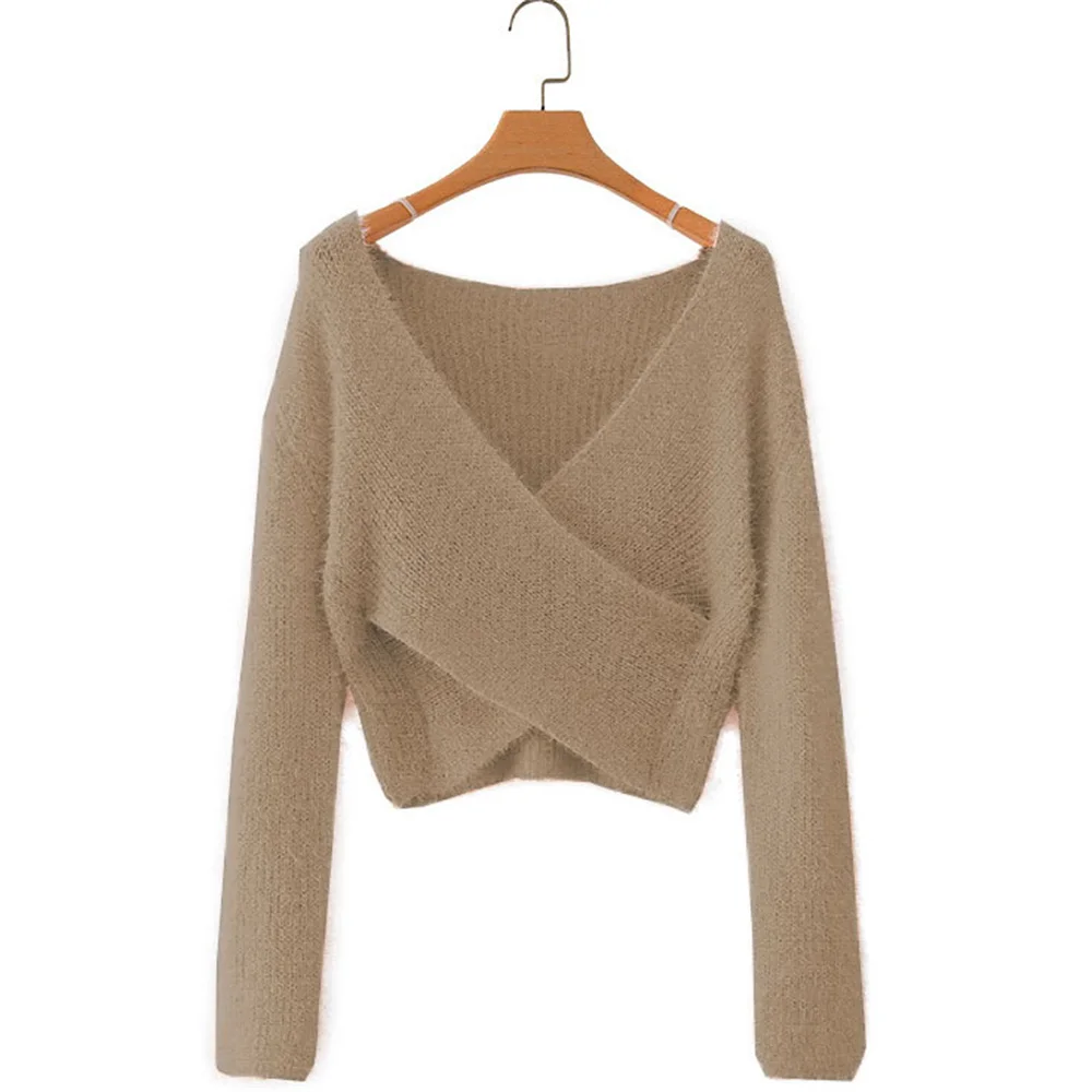 

Women Minimalist Solid Color Sweater Thick Deep v-Neck Long Sleeve Figure Flattering Casual Pullover Ladies Office Bottoming Top