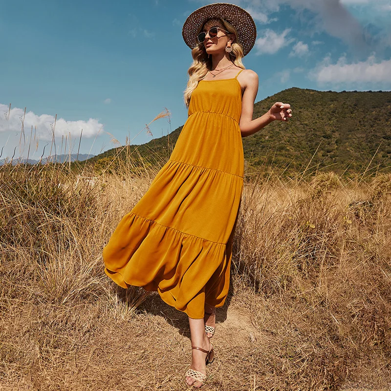 

OLOMLB Summer 2021 Fashion Sweet Sexy Spaghetti Strap Sleeveless Backless Women Maxi Dress Loose Patchwork Ladies A Wort Dress