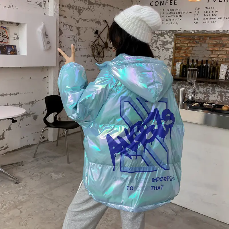 

VOOCIEC Winter Fashion Girl White Duck Down Bread Down Jacket Laser Colorful Shiny Down Jacket Harajuku College Style Down Coat