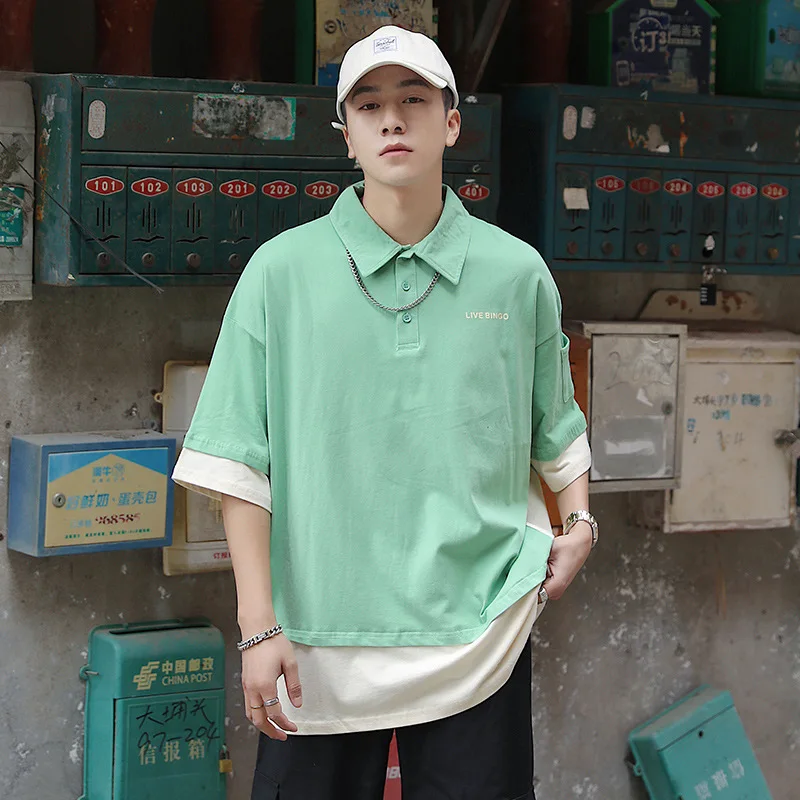 

Fake two short-sleeved T-shirts for men's INS summer POLO shirt Hong Kong style niche design feeling patchwork T-shirt