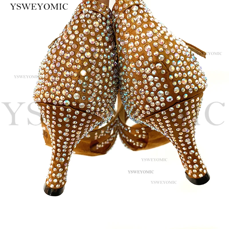 2021 Spring Rhinestones Salsa Dance Shoes Meduim Heel 7cm Stable Suede Outsole Practise Bachata Latin Dancing Shoes Women