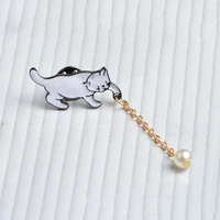 cute cartoon cat kitten pearl metal brooch pins with chain diy button pin denim jacket pin badge jewelry gift for kids