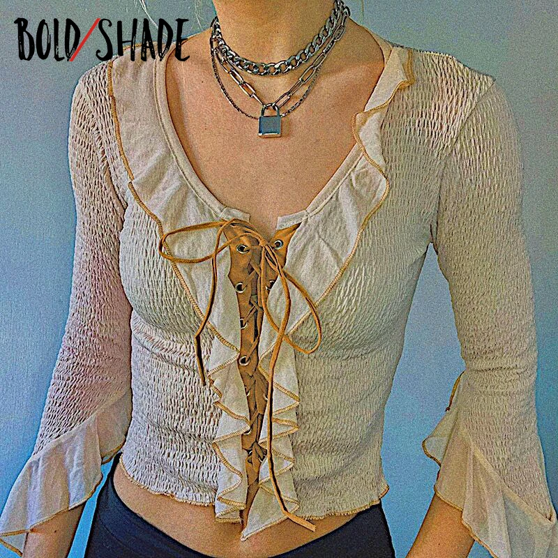 

Bold Shade Ruffles Hem Bandage T Shirt Y2K Indie Clothes Aesthetic Unicolor Women T-shirt Bodycon Long Sleeve Casual Tees Autumn