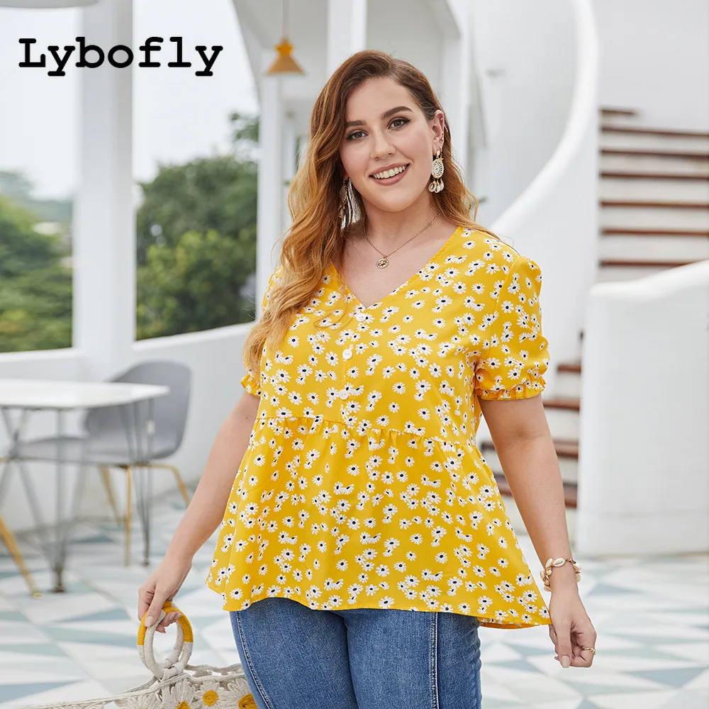 Женская блузка с V образным вырезом и принтом желтого цвета|Блузки| |