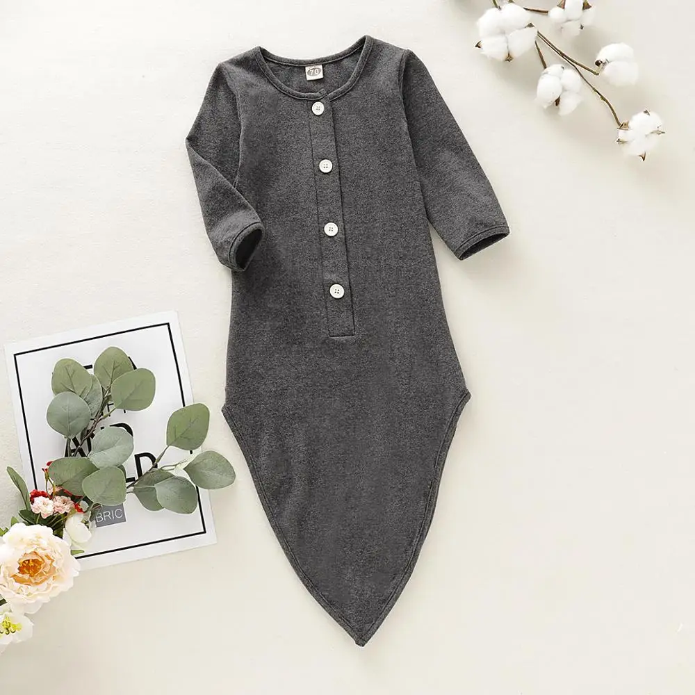 cotton fashion button knot gown baby boys and girls mustard pink mint stripe grey multicolor long sleeve sleeping romper | Мать и ребенок