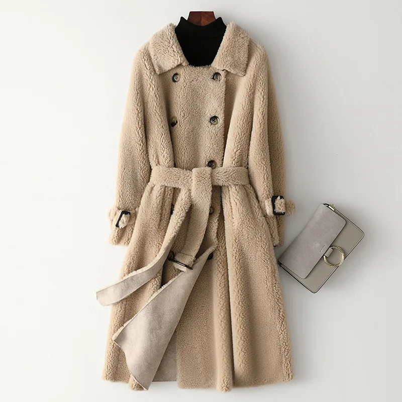 

Winter shearing Sheep Fur Coat Female Wool Jacket Korean Thick Long Women's Fur Coats+belt Elegant Women Clothes 2020 s+belt