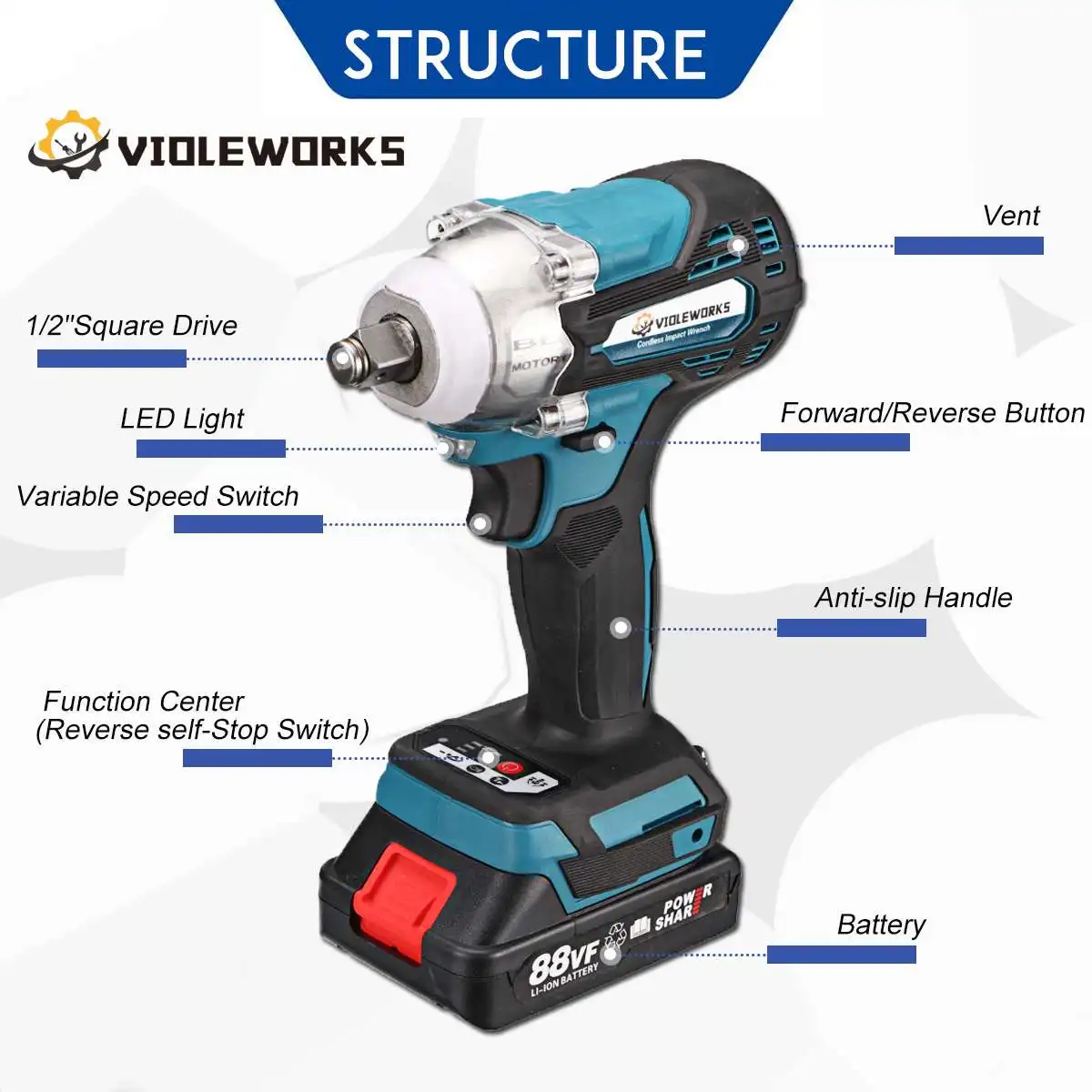 

520NM Electric Cordless Brushless Impact Wrench 88VF 1/2 inch Socket with 6000mAh Li-ion Battery Hand Drill Installation