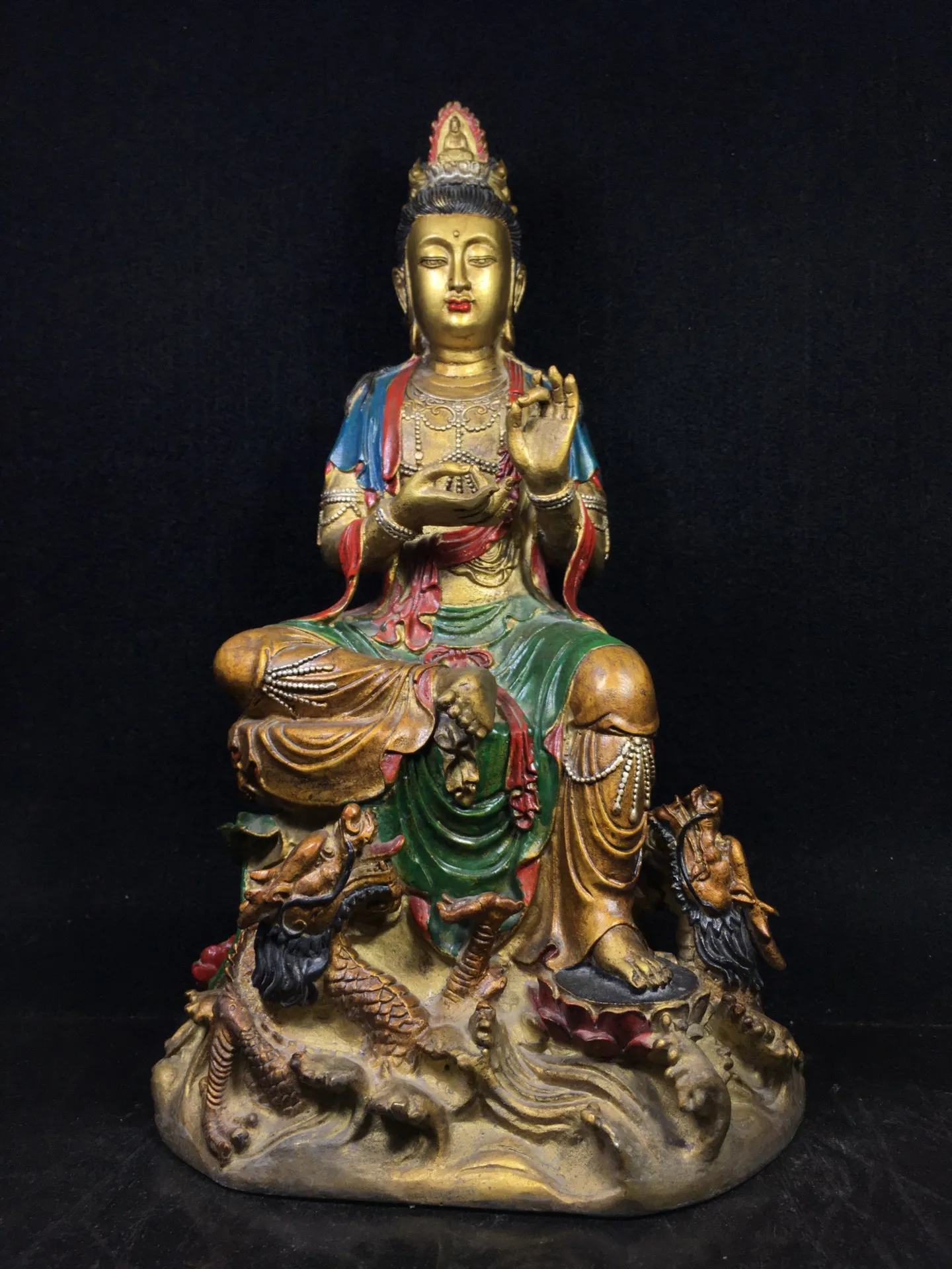 

Коллекция тибетских храмов 15 дюймов, старинная бронзовая окрашенная статуя Гуаньинь Бодхисаттва, сидящая статуя дракона, лотос, терраса, Хранитель Будды