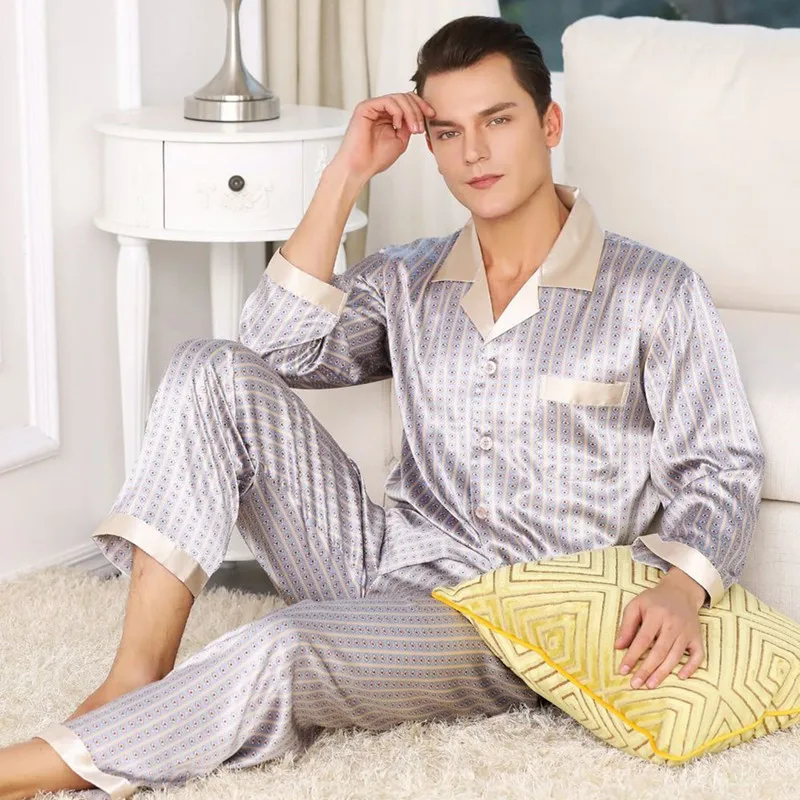 

Mens Pajamas Silk Satin Long-sleeved Soft Cozy Sleep Tops Pants Nightwear Print Mens Pajama Set OR Embroidery Collar Sleepwear