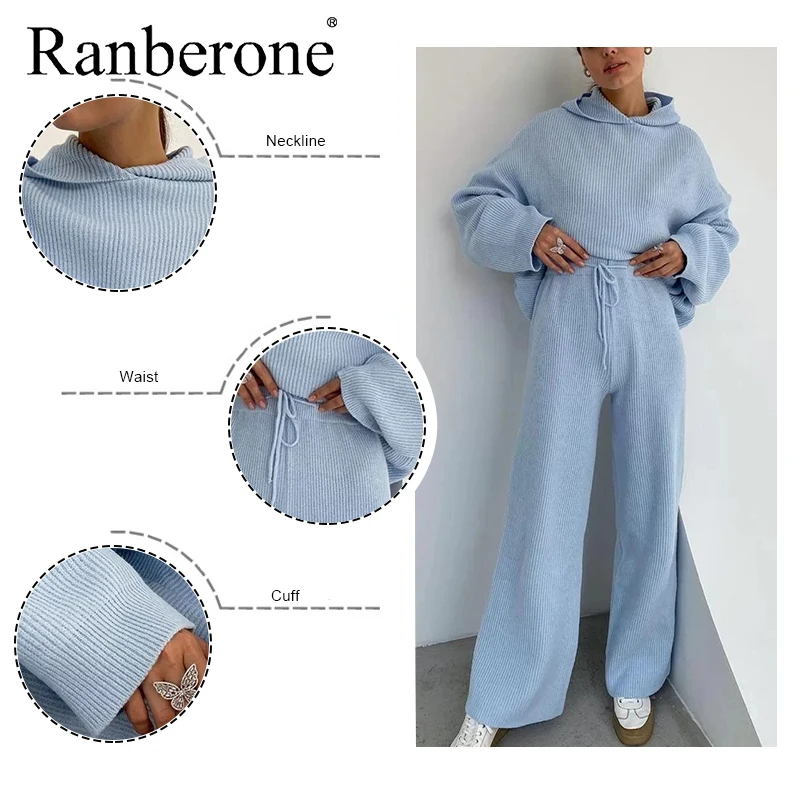 Ranberone 2 Piece Sport Suit Female Loose Solid Casua Women's Tracksuit Long Sleeve Pockets Hoodie High Waist Pants Sportswear