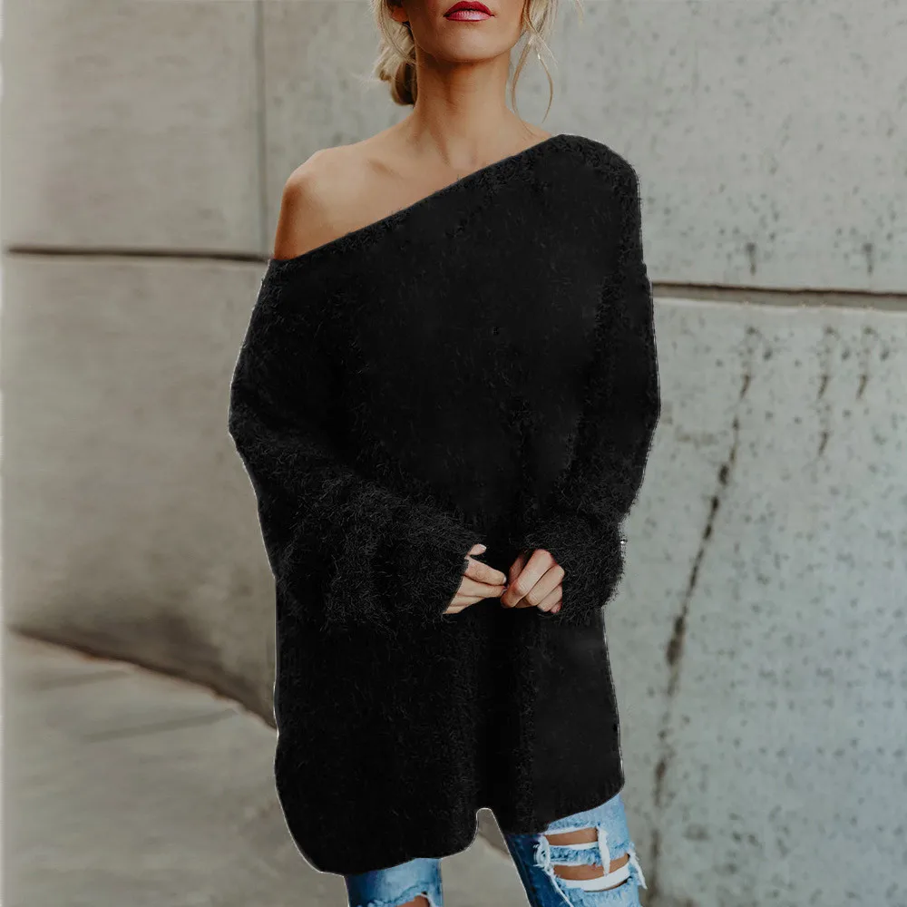 Women Long Sleeve Sexy Off Shoulder Sweater Faux Fur Blouse Top Sweaters 2019 Winter Tops Knitted C3098 | Женская одежда