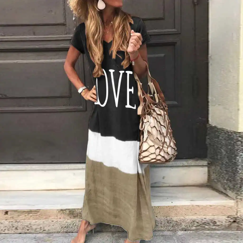 

2020 Maxi Long Dress Summer Dress Women Letter Patchwork Casual Loose Plus Size Sexy V Neck