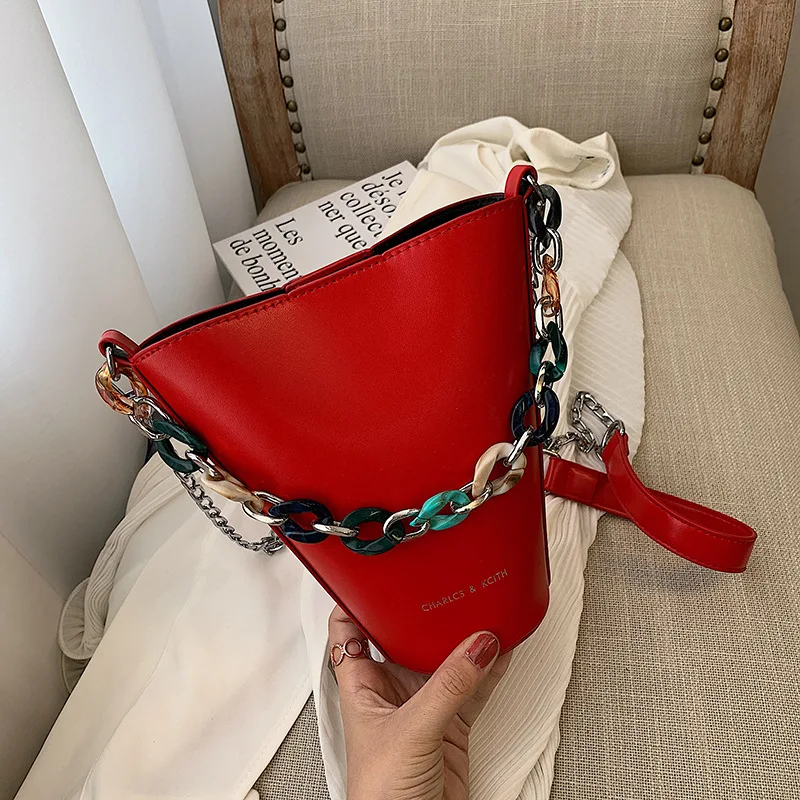 Fashion Acrylic Chain Buckets Bag Designer Women Handbags Luxury Pu Letaher Shoulder Crossbody Bag Casual Totes Small Purse Sac - Цвет: red