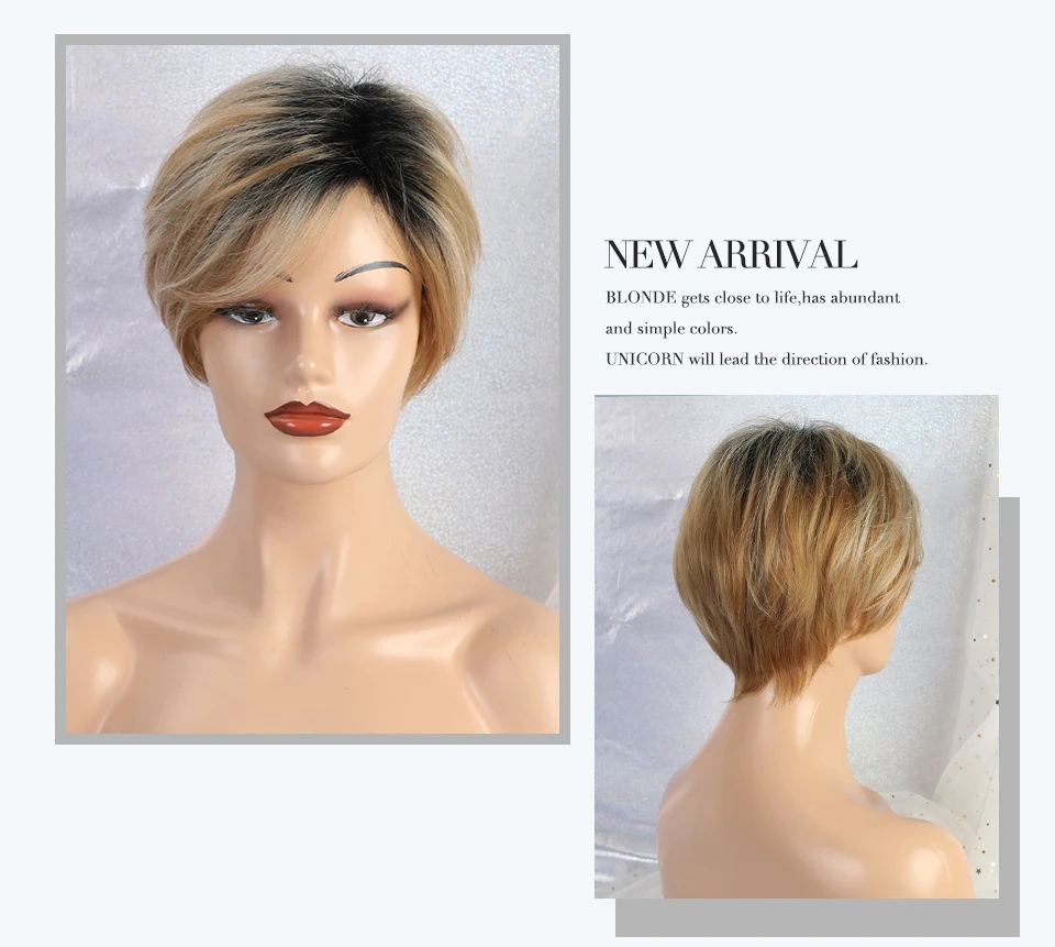 Blonde Unicorn 8 Inch Synthetic Pixie Cut Women Wigs with Natural Bang Fluffy Straight 50% Human Hair Light Brown Short Hair Wig