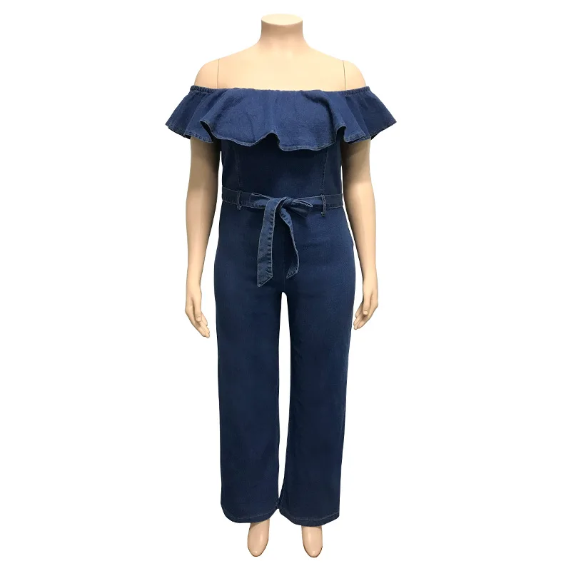 

FNOCE 2021 spring women's jeans jumpsuits large size fashion trends casual sexy elegant solid ruffles loose slim full jumpsuits