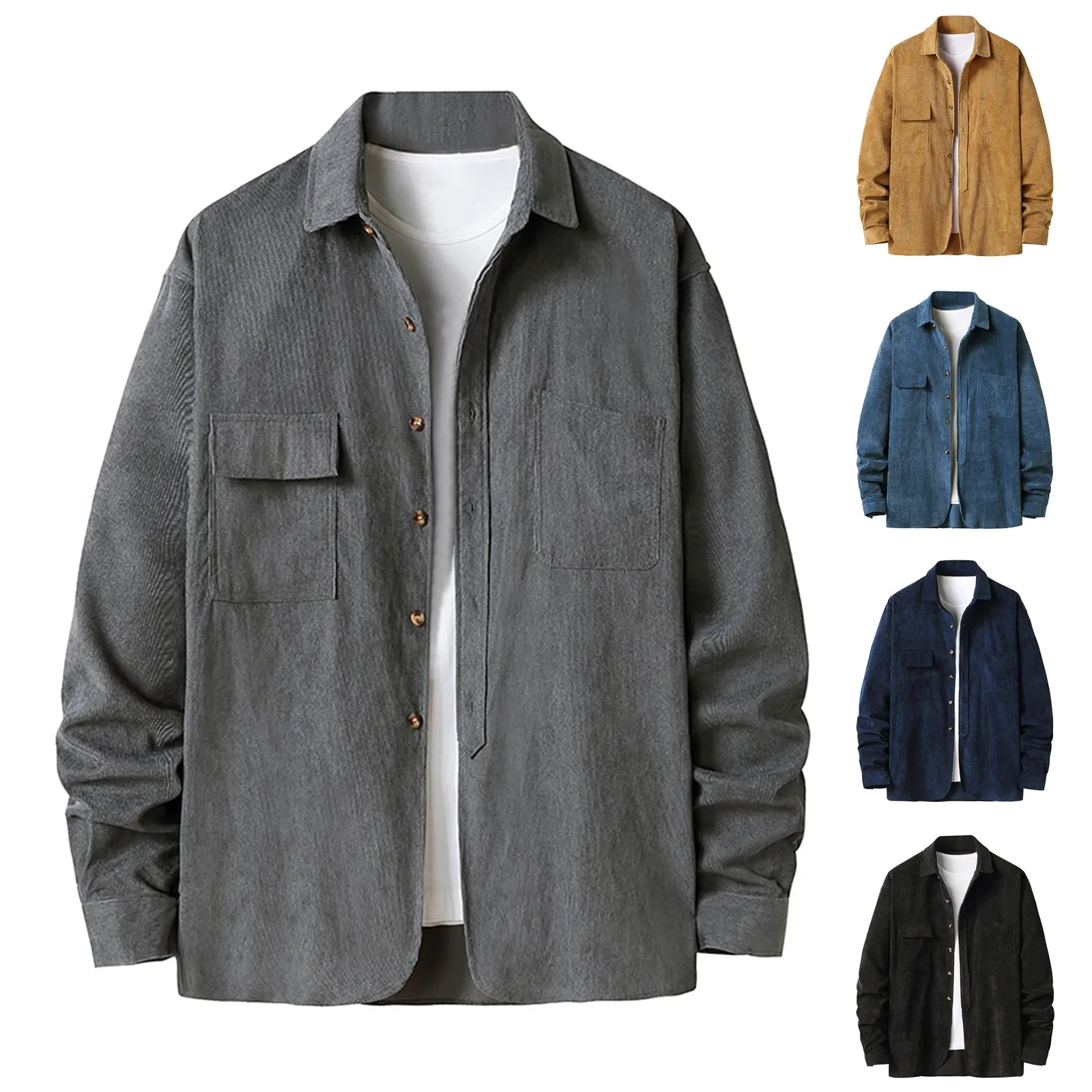 

2021 Men's Autumn And Winter Shirts Streetwear Long-sleeved Solid Color Comfortable Plus Size Thick Corduroy Shirt With Pockets