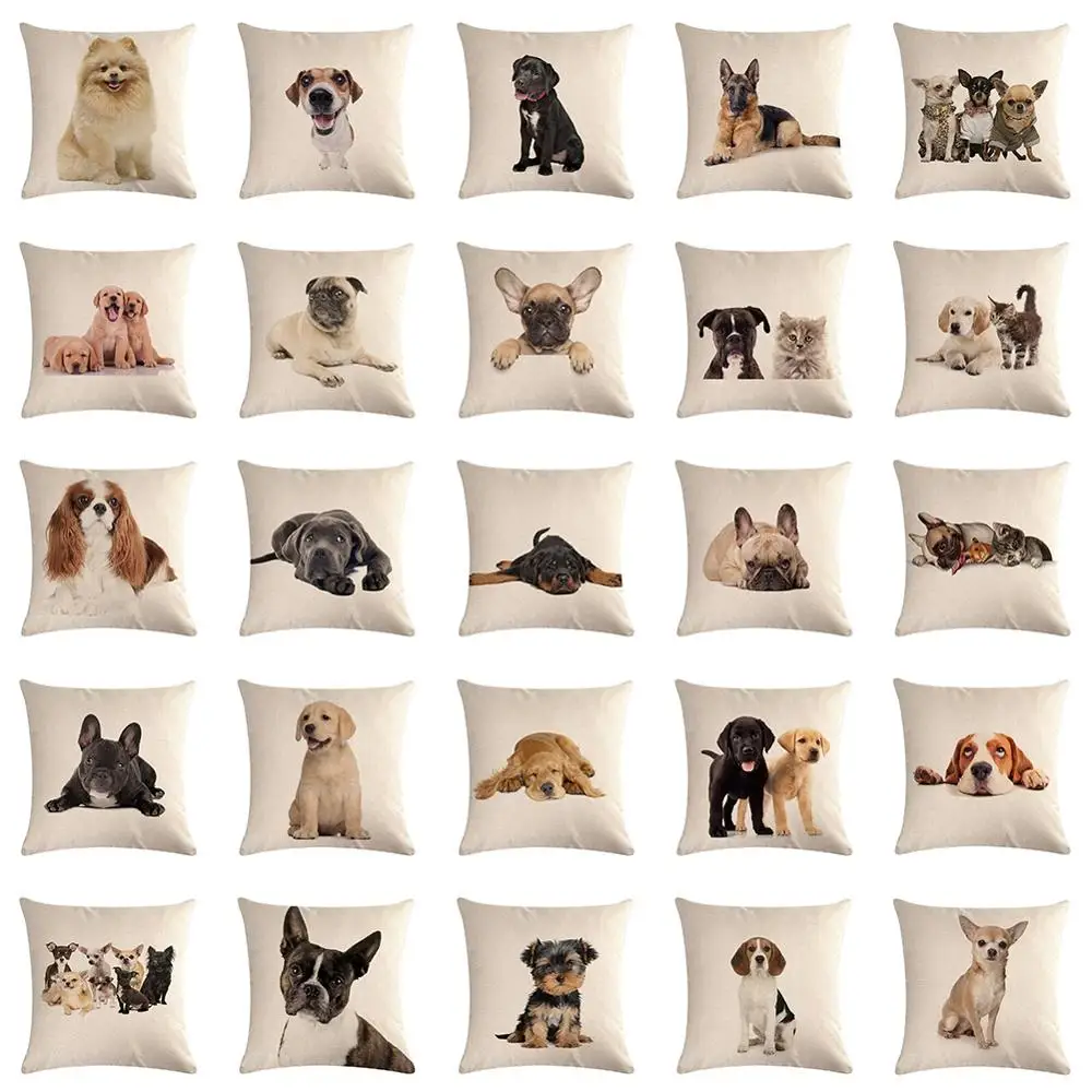 

18'' Cotton Linen Pillow Case Cute Dog Pattern Seat Sofa Bedroom Waist Throw Cushion Cover Home Decorative Pillowcases