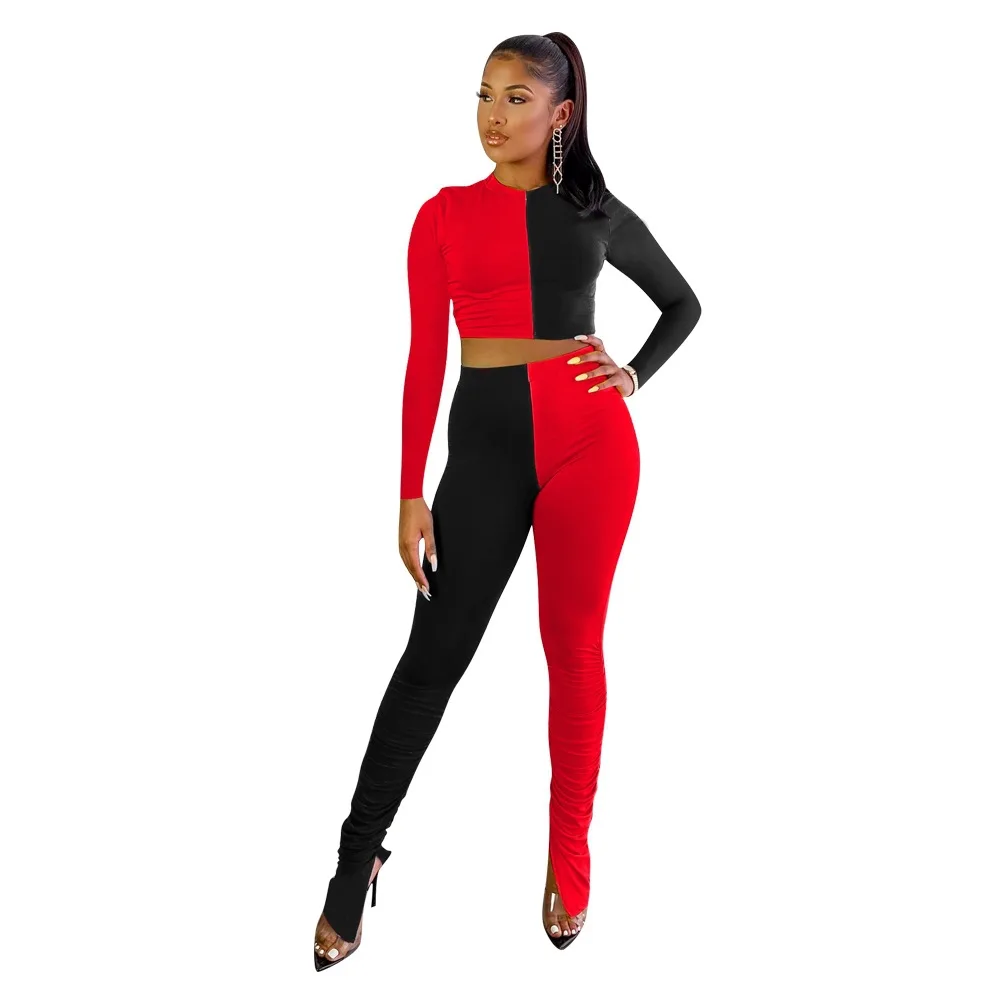 

Hot Sale Sportswear Women Two Piece Sets New Casual Long Sleeve Crop Tops High Waist Split Hem Stacked Pants Patchwork Tracksuit