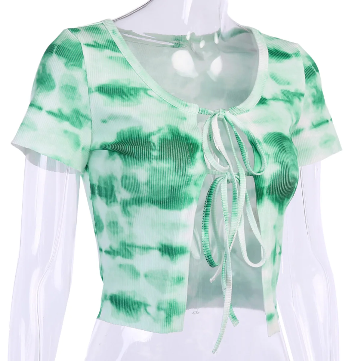 

Women's Crop Tops Sexy Cardigan Open Front Tie Knot Short Sleeve Shirt Tie Dye Print Tops