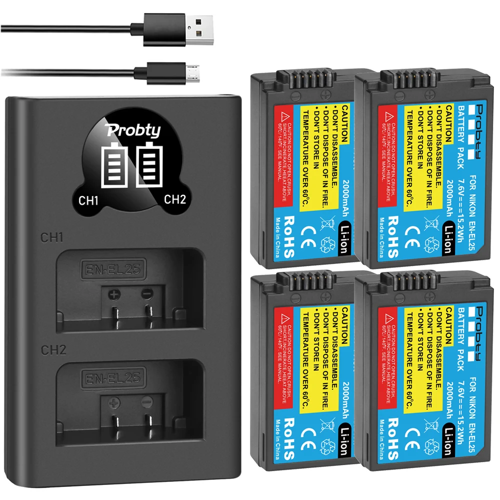 2000mAh EN-EL25 Аккумулятор для Nikon Z50 ZFC MH-32 со светодиодным двухканальным зарядным