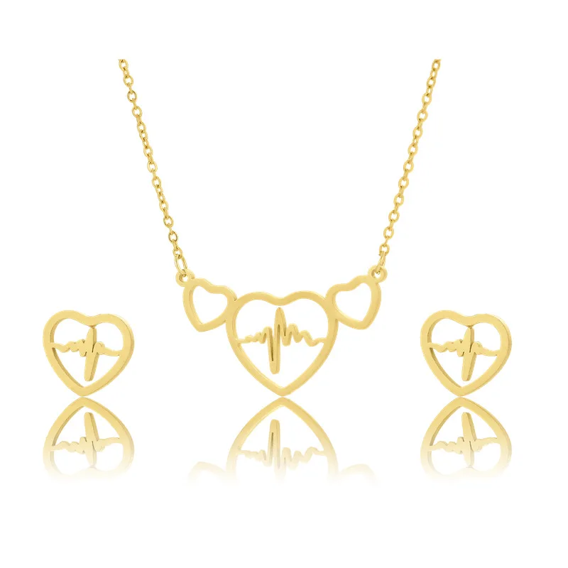 

2021 Exquisite Stainless Steel Love Letter Electrocardiogram Pendant Necklaces Sets For Women Girl Heart Earrings Jewelry