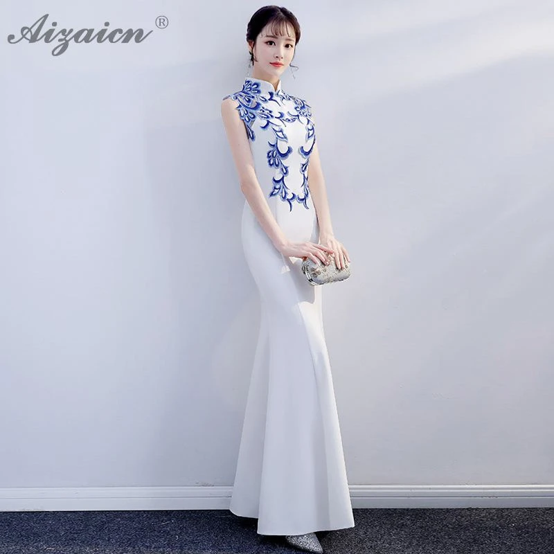 White Mermaid Slim Cheongsam Modern Host Elegant Long Gown Qi Pao Women Chinese Evening Dress Qipao Promotion Party Dresses |