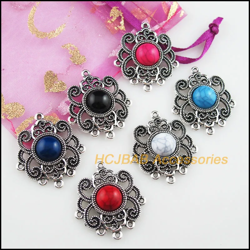 Модные 6 новых круглых смешанных шармов акриловые цветы Тибетский серебристый