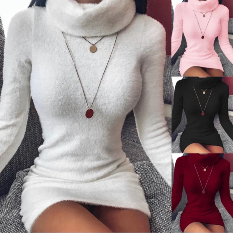 

Knit Pullover Dress Autumn and Winter High Neck Skinny Casual Knitted Dress Long Sleeve Sweater Dress Women Bag Hip Mini Dress