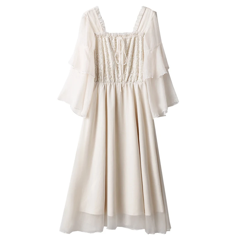 

New Line Vintage Lace Dress Cute Sweet Korean Style Clothes Summer Chiffon Dresses Women 3/4 Sleeve Slim Waist