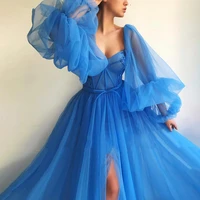 fashion a line evening dress blue 2021 long sleeves women prom gown bow party gowns sweetheart side split tulle robes de soir%c3%a9e