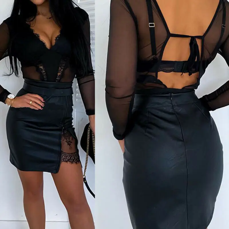 

Women Sexy Formal Lace Zipper Stretch High Waist Short PU Leather Pocket Bodycon Mini Skirt
