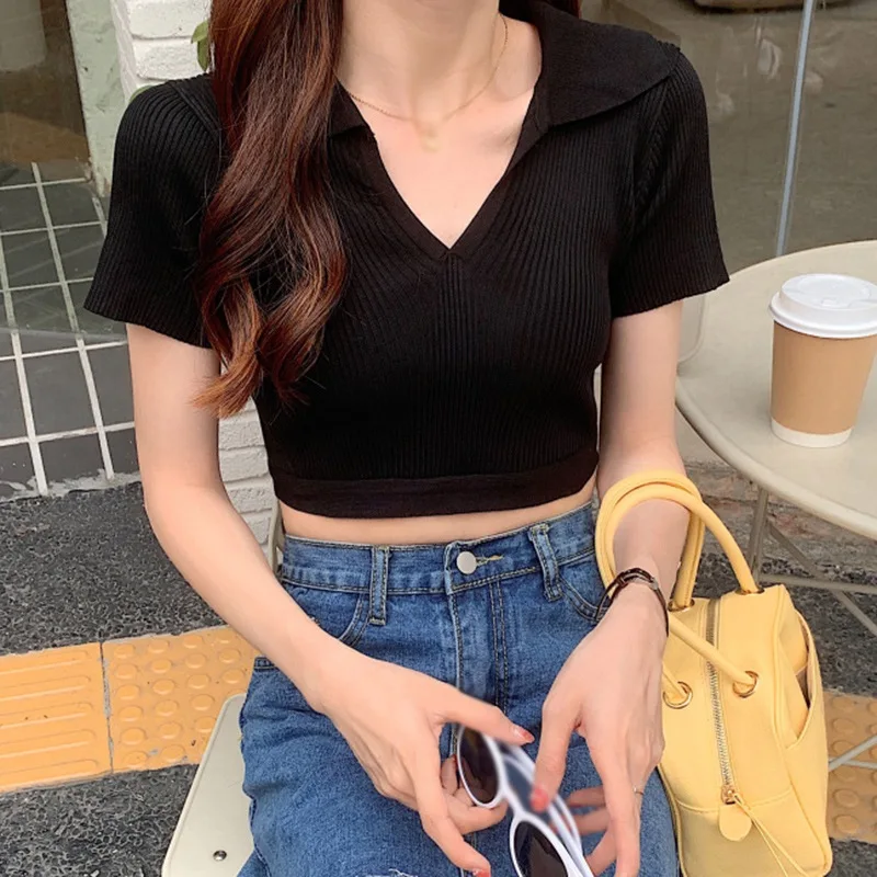 

Women V Neck Slim Backless Knitted Short Sleeve Cropped Slim T-Shirt Female Lady Bandage Crop Tops