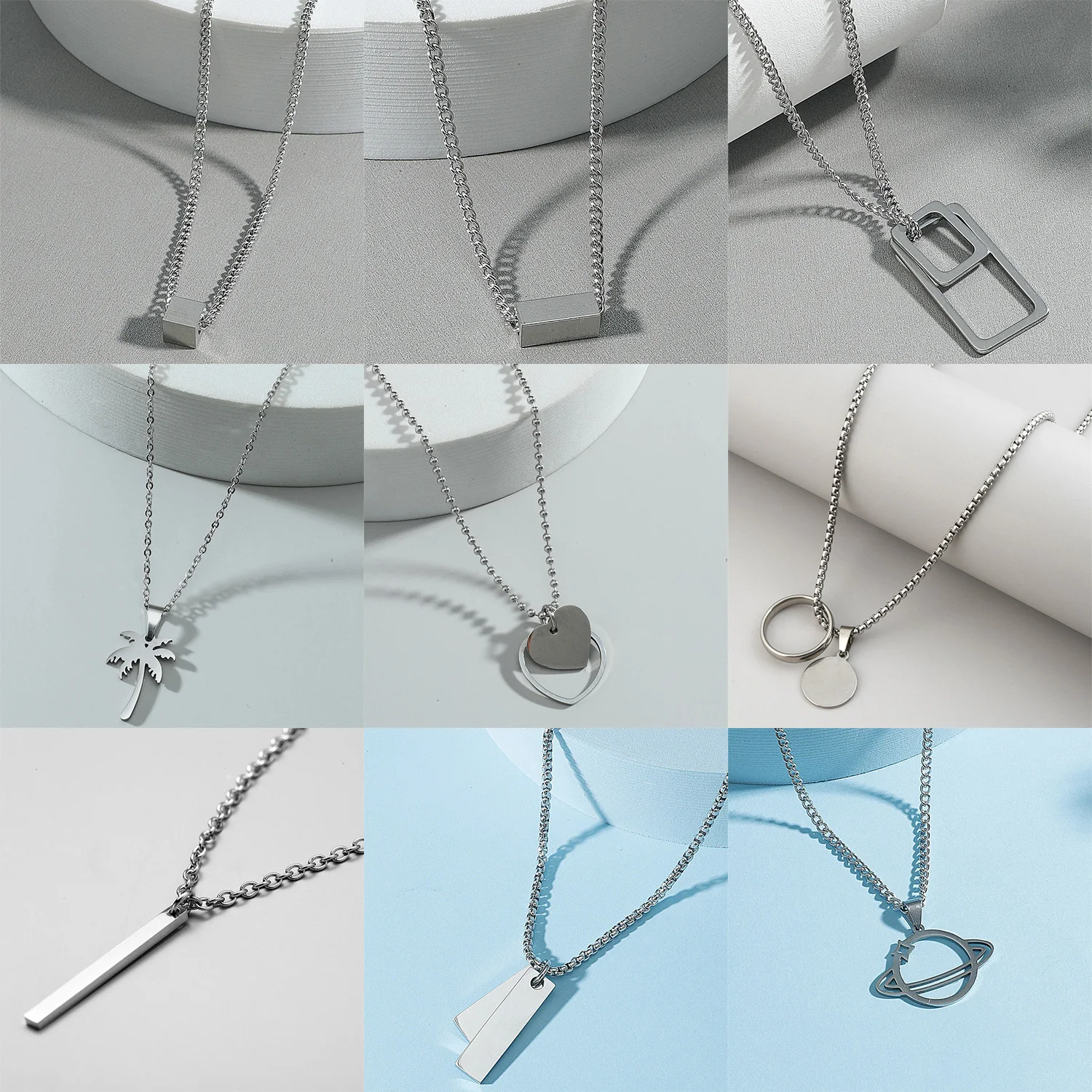 

Stainless Steel Necklace For Women Men Simple Long Chain Geometric Rectangular Pendant Necklace Statement Couples Jewelry Gifts