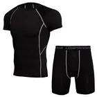 Черный спортивный костюм, мужская спортивная одежда, Футболка с рукавами, спортивный костюм для фитнеса, компрессионная рубашка для бега, шорты для бега в тренажерном зале