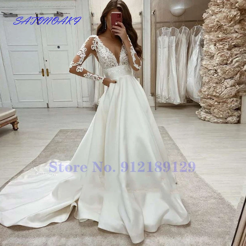 

Vestido De Novia Vintage Wedding Dresses V Neck Appliques Lace Long Sleeves Backless White Satin A-Line Boho Bride Gown 2022