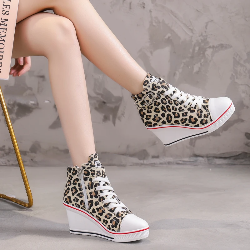 

Women Casual Shoes Leopard Espadrilles Platform Hidden Increasing Sneakers High Top Wedge Shoes Woman Buckle Platform Shoes