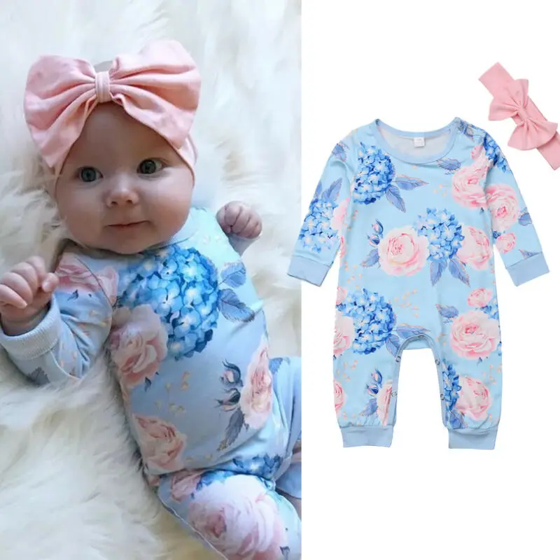 Spring Autumn Blue Infant Baby Girl Floral Romper Bodysuit Jumpsuit+Headband Clothes Outfit | Детская одежда и обувь