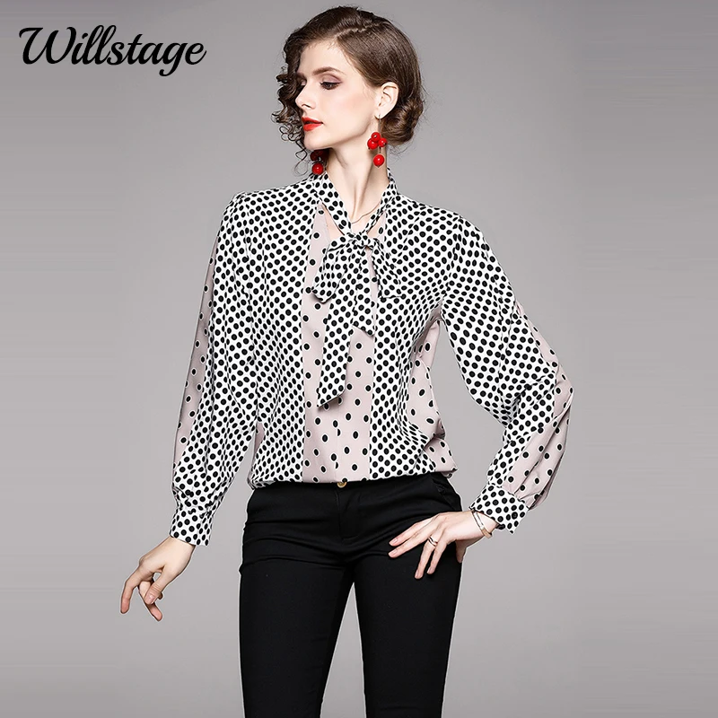 

Willstage dot printed blouse women printing ribbon long sleeve shirt bow lace up Elegant Tops 2020 Autumn Female clothes