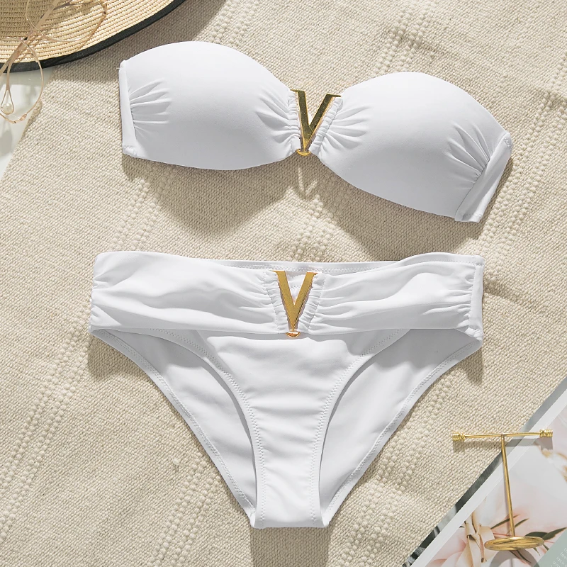 

White push up woman swimsuit 2020 new Summer beach sexy bikini set solid swimming suit for women swimwear Bandeau bathing suit