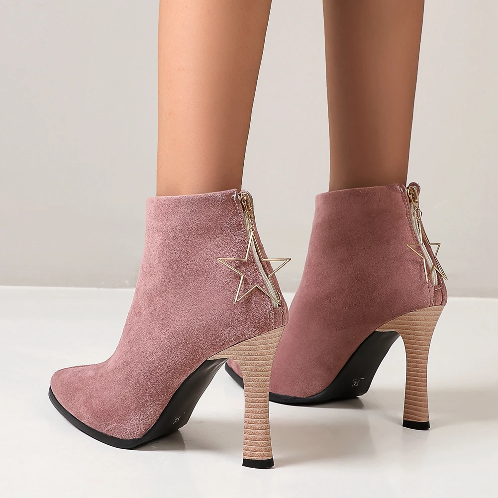 

SARAIRIS New Plus Size 33-50 Female Ankle Boots Pointed Toe Zip High Heels With Metal Decoration Boots Women Sexy Shoes Woman